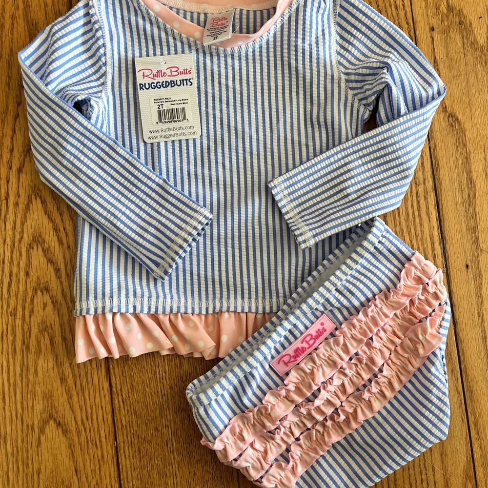 RuffleButts Girls Blue & White Stripe Long-Sleeve Rashguard Set with Pink Ruffle